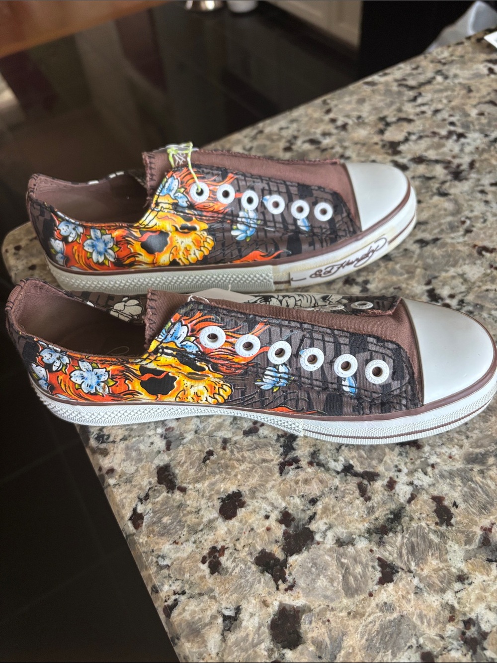 Ed Hardy Brown Slip-On Sneakers with Orange and Blue Skull Art